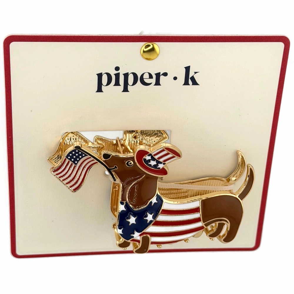 Piper K Patriotic Dachshund Hair Claw Clip Gold Tone Rhinestones Red White Blue